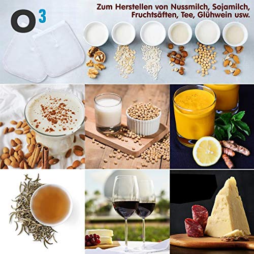 O3 ECO - Bolsas para leche de frutos secos (3 unidades, para leche de nuez vegana, leche de almendra, paño de pasapuré de malla fina en diferentes tamaños, recetas)