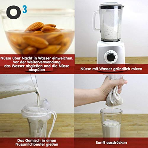 O3 ECO - Bolsas para leche de frutos secos (3 unidades, para leche de nuez vegana, leche de almendra, paño de pasapuré de malla fina en diferentes tamaños, recetas)