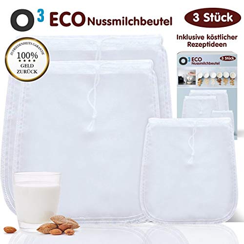 O3 ECO - Bolsas para leche de frutos secos (3 unidades, para leche de nuez vegana, leche de almendra, paño de pasapuré de malla fina en diferentes tamaños, recetas)