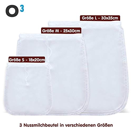 O3 ECO - Bolsas para leche de frutos secos (3 unidades, para leche de nuez vegana, leche de almendra, paño de pasapuré de malla fina en diferentes tamaños, recetas)