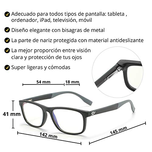 O³ Gafas Luz Azul Hombre & Mujer - Gafas Ordenador & Todos Tipos De Pantallas – Protege Tus Ojos – Evita Migrañas Causadas Por Radiación De Pantallas (Negro & Gris)