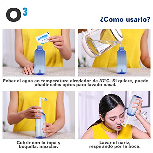 O³ Lavado Nasal 500 ml Con 2 Boquillas Para Bebes Y Adultos Para Irrigación Nasal - Limpiador Nasal | Alivia Alergia - Resfriado - Rinitis | Irrigador Nasal Tratamiento Que Mejora Ronquidos Y El Sueño