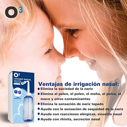 O³ Lavado Nasal 500 ml Con 2 Boquillas Para Bebes Y Adultos Para Irrigación Nasal - Limpiador Nasal | Alivia Alergia - Resfriado - Rinitis | Irrigador Nasal Tratamiento Que Mejora Ronquidos Y El Sueño