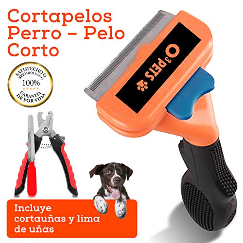 O³ Pets Peine Perro Pelo Largo o Corto - con Juego de Cortauñas Perro - Fácil de Limpiar - para Muda de Pelo de tu Perro o Gato (Pequeño - Pelo Corto)