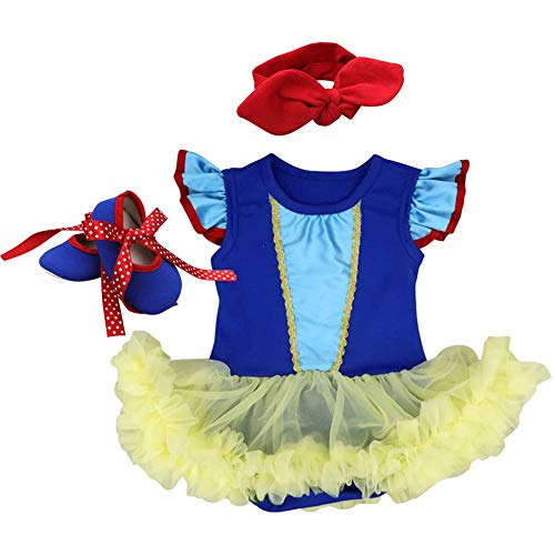 OBEEII Disfraz Halloween Blancanieve para Recien Nacido Bebe Niña Vestido Tutu Princesa Trajes de Mamelucos Conjunto 3Piezas Ropa Diadema Zapatos 0-3 Meses