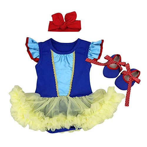 OBEEII Disfraz Halloween Blancanieve para Recien Nacido Bebe Niña Vestido Tutu Princesa Trajes de Mamelucos Conjunto 3Piezas Ropa Diadema Zapatos 0-3 Meses