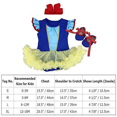 OBEEII Disfraz Halloween Blancanieve para Recien Nacido Bebe Niña Vestido Tutu Princesa Trajes de Mamelucos Conjunto 3Piezas Ropa Diadema Zapatos 0-3 Meses