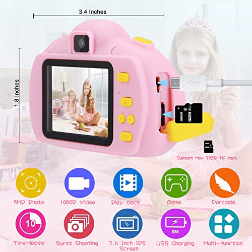 OCDAY Cámara para Niños, Cámara Infantil con Una Pantalla de 2.4 Pulgadas, Tarjeta de Memoria Micro SD 32GB, Un Perfecto Regalo de Cumpleaños, Navidad y El Día del Niño (Rosa)
