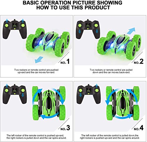 OCDAY Coche Teledirigido, Coche RC, 2.4 GHz RC Coche Acrobacia Rotación Volteo de 360 Grados Doble Lado, Regalo para Niños (Verde)