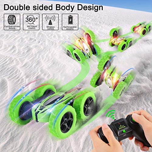 OCDAY Coche Teledirigido, Coche RC, 2.4 GHz RC Coche Acrobacia Rotación Volteo de 360 Grados Doble Lado, Regalo para Niños (Verde)