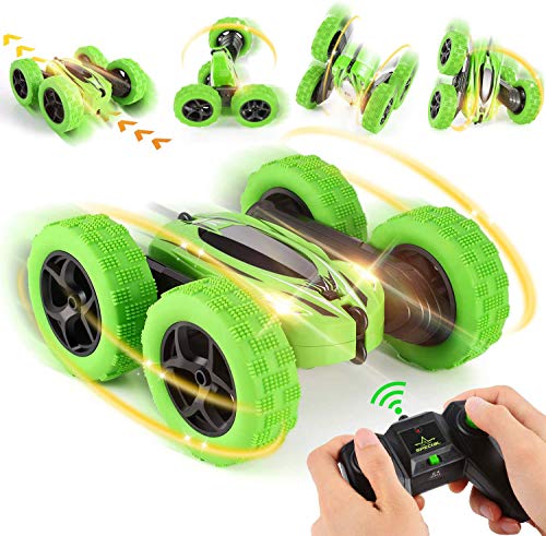 OCDAY Coche Teledirigido, Coche RC, 2.4 GHz RC Coche Acrobacia Rotación Volteo de 360 Grados Doble Lado, Regalo para Niños (Verde)