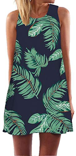 Ocean Plus Mujer Verano Flamenco Camisola Vestido De Playa Top Sin Mangas Trapecio O Corte En A Vestido Oeste (M (EU 36-38), Hojas Verdes en Azul Oscuro)