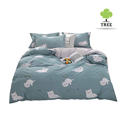 Odot Juego de Ropa de Cama con Funda de Edredón Nórdico de 4 Piezas, Anti-ácaro Defensa Alérgico Cremallera, Microfibra Funda de Almohada, Sábana- Pequeño Fresco (220 * 240cm,Gato Blanco)