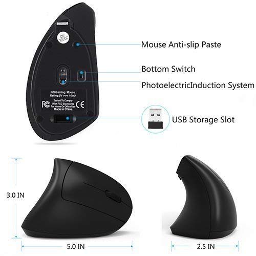 OENLY Ratón Vertical Ergonómico Recargable USB inalámbrico Ratón, 2.4 G ratón óptico de Alta precisión para PC/portátil/Mac, reposamuñecas Botones de Pulgar Ajustables, 3DPI 5Botones