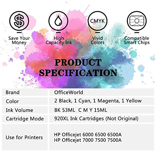 OfficeWorld 920XL Reemplazo para HP 920 Alta Capacidad Cartuchos de tinta Totalmente compatible con HP Officejet 7500A 7500 6000 6500 6500A 7000 (2 Negro, 1 Cian, 1 Magenta, 1 Amarillo)