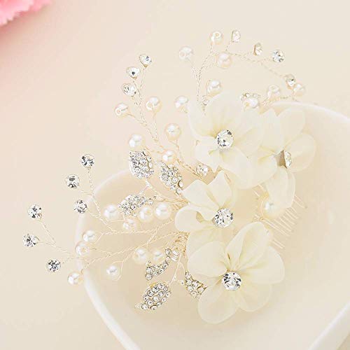 Ogquaton Perla Novia Peine de Pelo Flor Hecha a Mano Rhinestone Secador de Pelo Boda de Organza Tocado Simple y Elegante