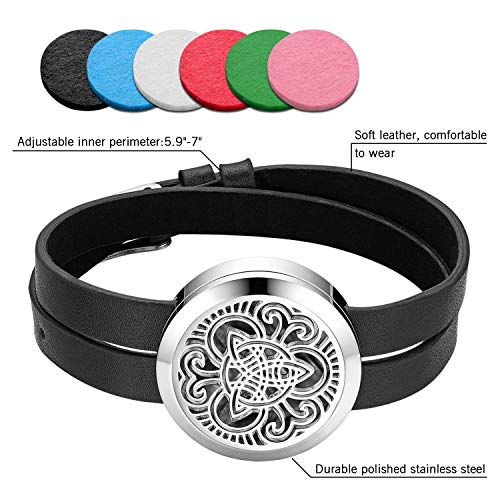 OIDEA Difusor de Aceites Esenciales Pulsera Hombre Mujer Acero Inoxidable Hueco con Cadena Cuero Brazalete Piel Buen Regalo para Hombre Mujer
