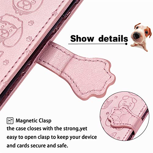 Oihxse - Funda de piel sintética para Huawei P30 Lite con tapa y cierre magnético de 360 grados para protección con función atril y tarjetero de gato y perro con diseño de estuche, color oro rosa