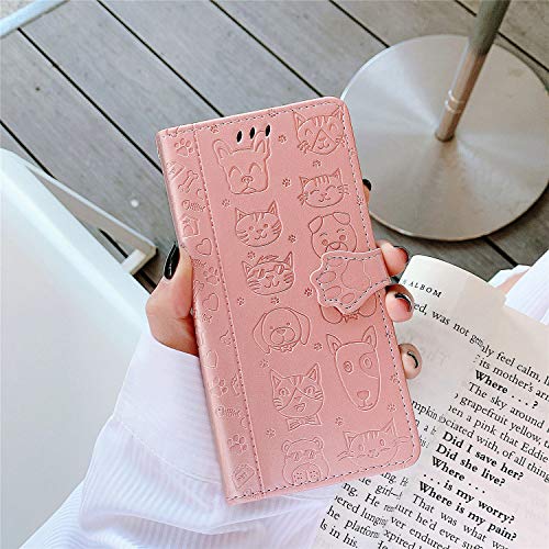 Oihxse - Funda de piel sintética para Huawei P30 Lite con tapa y cierre magnético de 360 grados para protección con función atril y tarjetero de gato y perro con diseño de estuche, color oro rosa