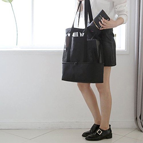 OKPOW Double Layer Mesh Beach Bag Tote Picnic Organizer Compras Bolso Negro