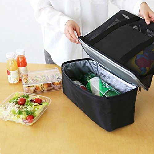 OKPOW Double Layer Mesh Beach Bag Tote Picnic Organizer Compras Bolso Negro