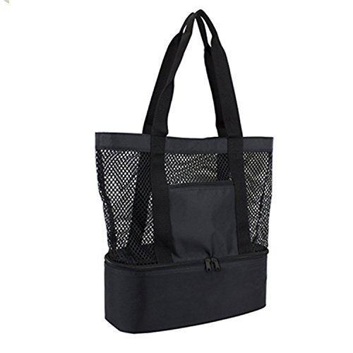 OKPOW Double Layer Mesh Beach Bag Tote Picnic Organizer Compras Bolso Negro