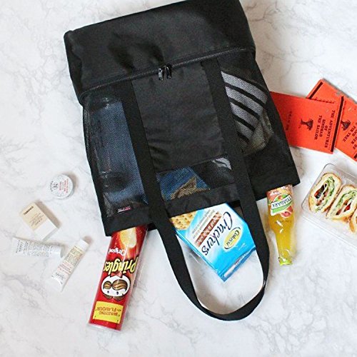 OKPOW Double Layer Mesh Beach Bag Tote Picnic Organizer Compras Bolso Negro