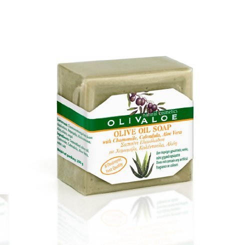 OLIVALOE 00198 – Jabón de aceite de oliva tradicional hecho a mano con camomila, caléndula, aloe vera, aceite de oliva 200 g