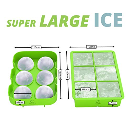 Oliver's Kitchen - Juego de 2 x Moldes de Cubitos de Hielo - Mantén Fría Tu Bebida Más Tiempo - Cubitos Grandes, Duran Más - Hielos Redondos y Cuadrados, Fáciles de Desmoldar- Moldes Apilables