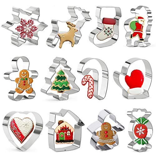 Olywee - Juego de 12 cortadores de galletas de Navidad para vacaciones, diseño de muñeco de jengibre, copo de nieve, árbol de Navidad y más formas de acero inoxidable cortador de galletas