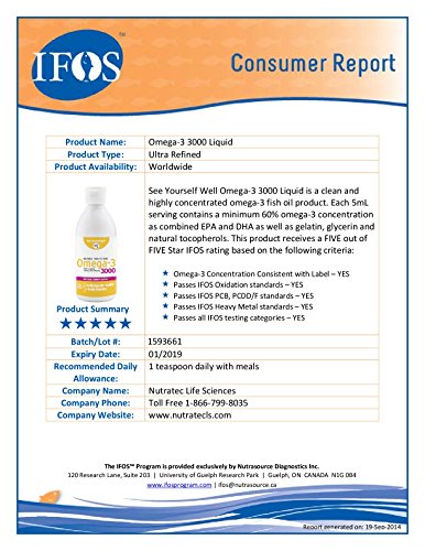Omega 3 SYW. (237 ml. sabor limón) Certificado IFOS. Forma Triglicérido. Altamente concentrado: 2000 mg de EPA y 1000 mg de DHA. De grado farmacéutico, ultra-refinado y molecularmente destilado.