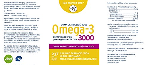 Omega 3 SYW. (237 ml. sabor limón) Certificado IFOS. Forma Triglicérido. Altamente concentrado: 2000 mg de EPA y 1000 mg de DHA. De grado farmacéutico, ultra-refinado y molecularmente destilado.