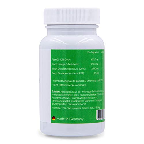 Omega 3 vegano, sin aceite de pescado, aceite de algas - 60 cápsulas, 40% de DHA (250 mg de DHA por cápsula), vegetariano de la microalga Schizochytrium - cápsulas de aceite de algas