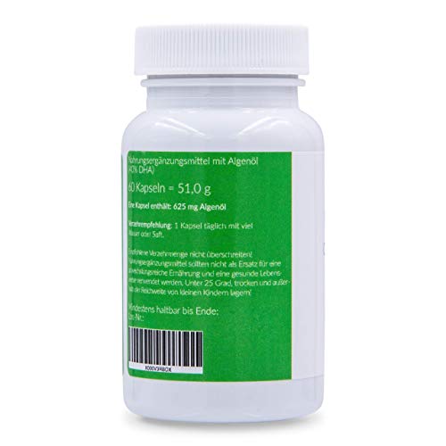 Omega 3 vegano, sin aceite de pescado, aceite de algas - 60 cápsulas, 40% de DHA (250 mg de DHA por cápsula), vegetariano de la microalga Schizochytrium - cápsulas de aceite de algas