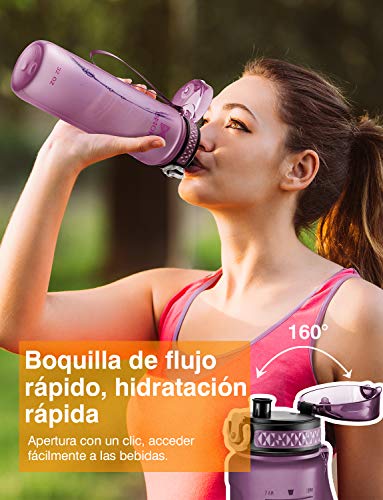 OMORC Botella Agua Sin BPA, Botella Tritan, Botella Deportiva de Plástico Tritan, 900ML Gran Capacidad, Tapa Flip-Flop con Cierre, Marcador de Tiempo, a Prueba de Fugas, con Cepillo de Limpieza