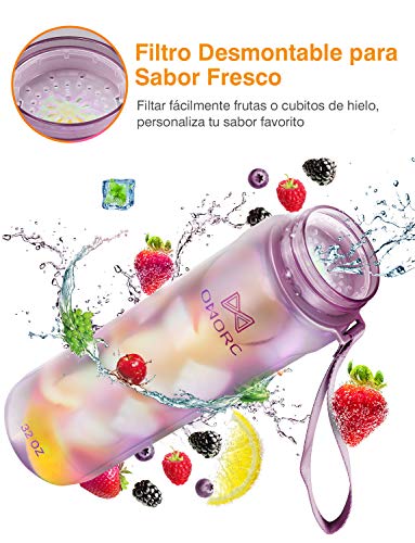 OMORC Botella Agua Sin BPA, Botella Tritan, Botella Deportiva de Plástico Tritan, 900ML Gran Capacidad, Tapa Flip-Flop con Cierre, Marcador de Tiempo, a Prueba de Fugas, con Cepillo de Limpieza