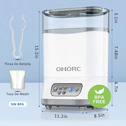 OMORC Esterilizador de Biberones, 5 en 1 Desinfecta/Seca hasta 6 biberones o Chupetes, Productos para Bebés, BPA-FREE, Calienta Biberones