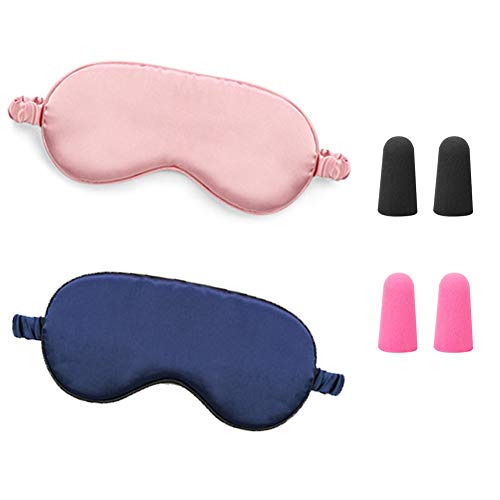 Onebycitess - 2 antifaz para dormir de seda con tapones para los oídos, cubierta suave y lisa para los ojos para mujeres y niños que duermen noche, viajes, siesta (rosa/azul)