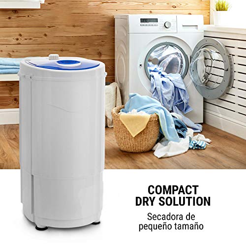 Oneconcept Top Spin Compact Centrifugadora - Centrifugadora de Camping, Seca y cuida la Ropa, Capacidad de 1,5 kg, Ocupa Poco Espacio, 45 W, Programable, Silencioso, Blanco-Azul