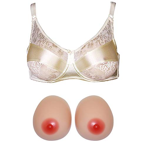 ONEFENG Bra Plus Set de Pechos de Silicona Pechos Artificiales Falsos Prótesis Falsa Copa Completa Patrón de Encaje Sujetadores Correas Ajustables Crossdresser