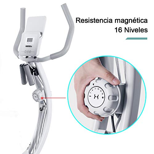 ONETWOFIT Bicicleta estática Plegable, Bicicleta estática Vertical magnética Plegable con Bandas de Resistencia para el Brazo, Bicicleta estacionaria con Monitor LCD, Capacidad de 260 lbs, OT202
