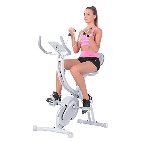 ONETWOFIT Bicicleta estática Plegable, Bicicleta estática Vertical magnética Plegable con Bandas de Resistencia para el Brazo, Bicicleta estacionaria con Monitor LCD, Capacidad de 260 lbs, OT202