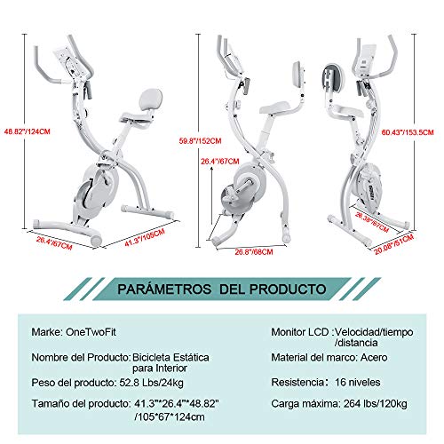 ONETWOFIT Bicicleta estática Plegable, Bicicleta estática Vertical magnética Plegable con Bandas de Resistencia para el Brazo, Bicicleta estacionaria con Monitor LCD, Capacidad de 260 lbs, OT202