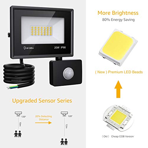 Onforu 20w Foco LED con Sensor de Movimiento (2 Pack), 1800LM Super Potente Iluminación de Seguridad, Impermeable IP66 Proyector Foco LED con Detector, 5000K Blanco Frío Exteriores Jardín Garaje Patio