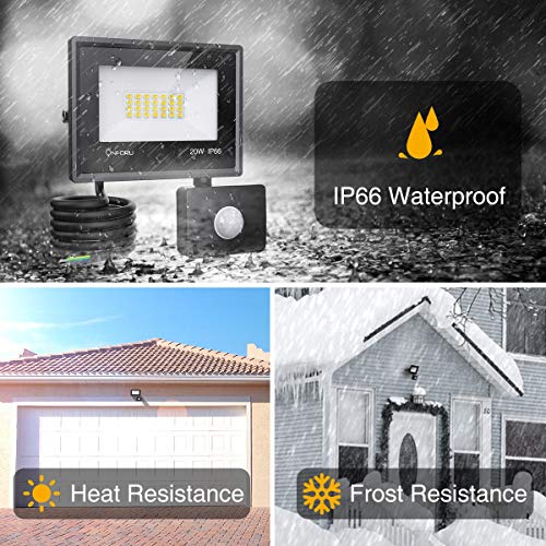 Onforu 20w Foco LED con Sensor de Movimiento (2 Pack), 1800LM Super Potente Iluminación de Seguridad, Impermeable IP66 Proyector Foco LED con Detector, 5000K Blanco Frío Exteriores Jardín Garaje Patio