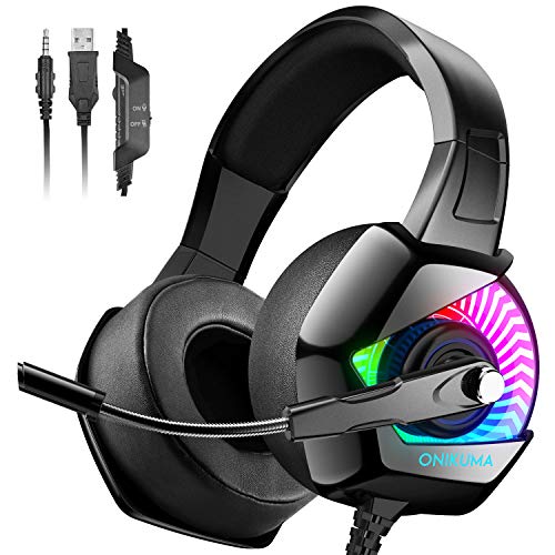 ONIKUMA Auriculares Gaming -Cascos PS4 con Micrófono, Sonido Envolvente Luz Azul Cascos Xbox One Auriculares PC con Cancelación de Ruido