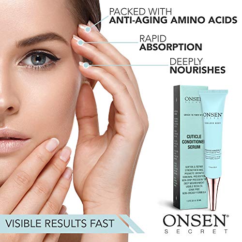 Onsen Japanese Cuticle Serum Conditioner para el crecimiento de uñas hecho de minerales japoneses de aguas termales, aceite fortalecedor y fórmula de reparación de crema suavizante para un tratamiento de uñas de fuerza óptima - 1oz
