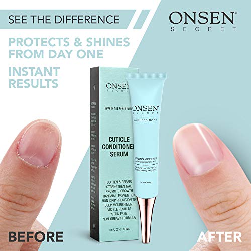 Onsen Japanese Cuticle Serum Conditioner para el crecimiento de uñas hecho de minerales japoneses de aguas termales, aceite fortalecedor y fórmula de reparación de crema suavizante para un tratamiento de uñas de fuerza óptima - 1oz