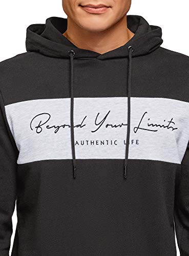 oodji Ultra Hombre Sudadera con Capucha y Mensaje, Negro, ES 46-48 / S