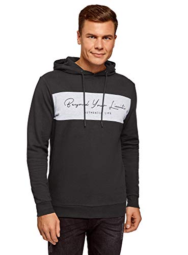 oodji Ultra Hombre Sudadera con Capucha y Mensaje, Negro, ES 46-48 / S